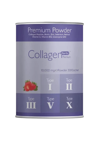 Collagen Forte Platinum Collagen Powder 300g, 5 Tip Toz Kolajen 10.000mg X 30 Şase & Multivitamin Çilek Aromalı