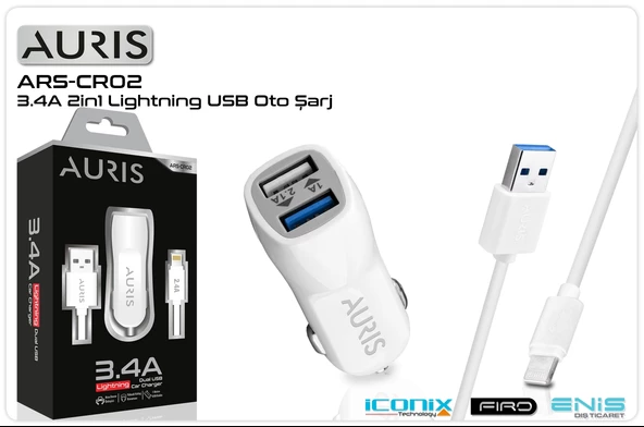 Şarj Aleti Araç 2 Port 3.4A Ve İphone Lightning Kablo Auris ARS-CR02