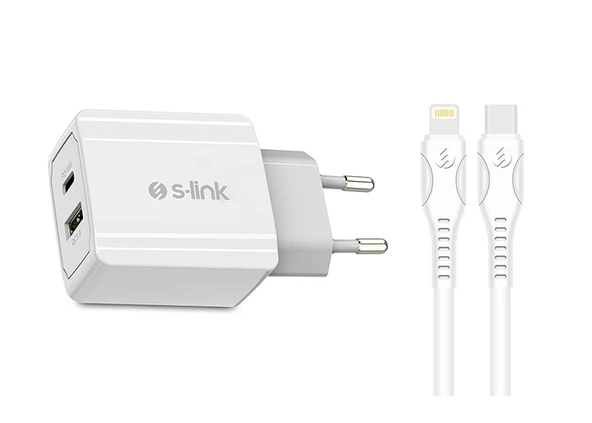 Şarj Aleti 2 Giriş Usb+Type C ve Lightning Kablo 18W Hızlı Şarj S-link Swapp SW-C1110X