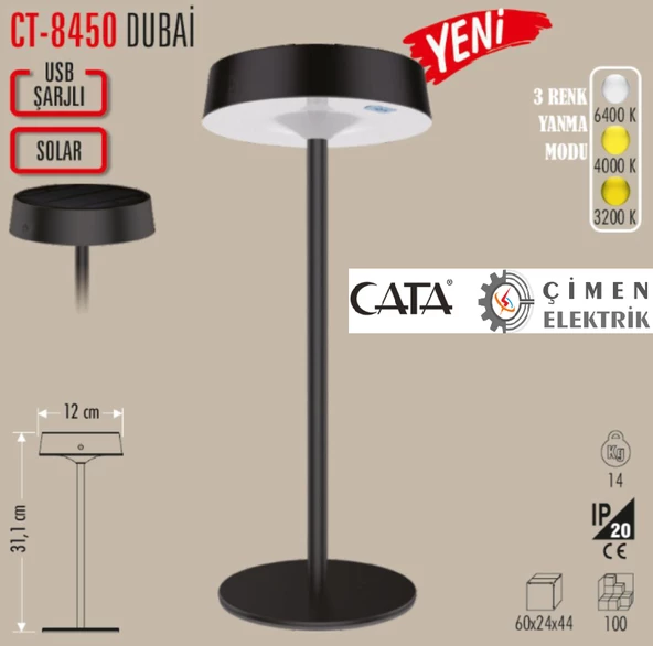 Cata CT 8450 Dubai Solar Şarjlı Masa Lambası 6400K-3200K-Amber