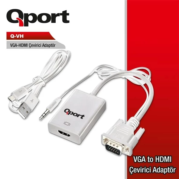 Qport Q-vh Vga To Hdmı Dönüştürücü + Ses Kablosu (vga+hdmı)