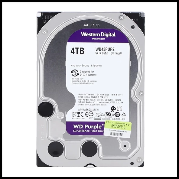 Wd Purple, Wd43purz, 3.5", 4tb, 256mb, 5400 Rpm, 7/24 Güvenlik, Hdd