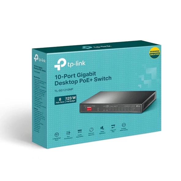 Tp-lınk Tl-sg1210mp 8 Port Gıgabıt + 1xgb Rj45 Uplınk +1xgb Rj45/sfp Combo 250 Metre Poe Mesafe 123w Metal Kasa Swıtch