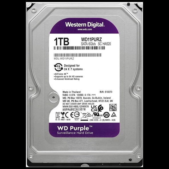 Wd Purple, Wd11purz, 3.5" 1tb, 64mb, 5400 Rpm, 7/24 Güvenlik, Hdd