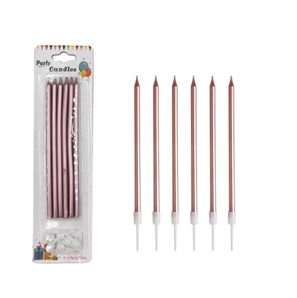 Metalik İnce Mum Pembe 15 cm 6 lı