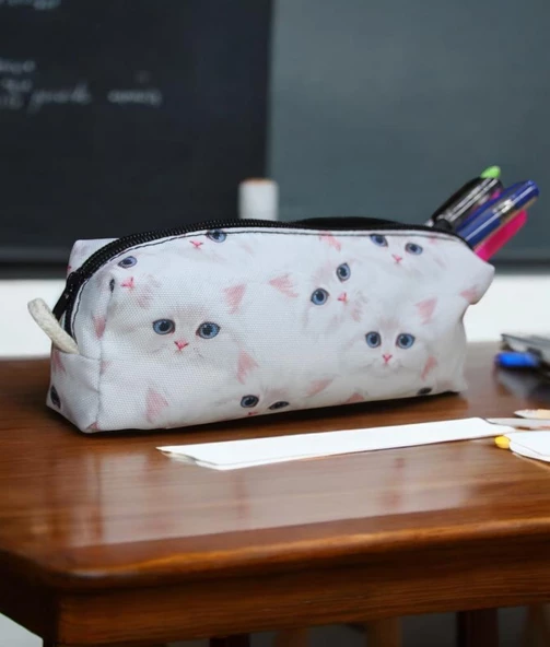 Beyaz Kedi Desenli Tatlı Kalemlik - Okul Kalemliği-Makyaj Çantası - 5
