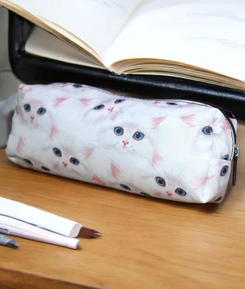 Beyaz Kedi Desenli Tatlı Kalemlik - Okul Kalemliği-Makyaj Çantası - 3
