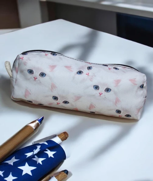 Beyaz Kedi Desenli Tatlı Kalemlik - Okul Kalemliği-Makyaj Çantası - 2