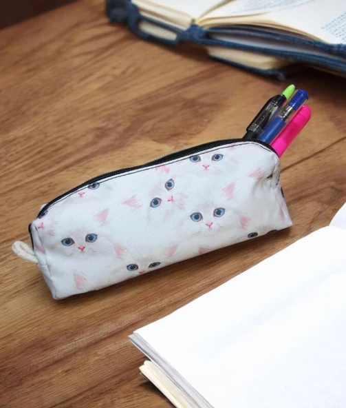 Beyaz Kedi Desenli Tatlı Kalemlik - Okul Kalemliği-Makyaj Çantası - 4