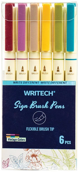 WRITECH W-827 FIRÇA TİP VINTAGE 6 RENK KEÇELİ KALEM - 6'LI