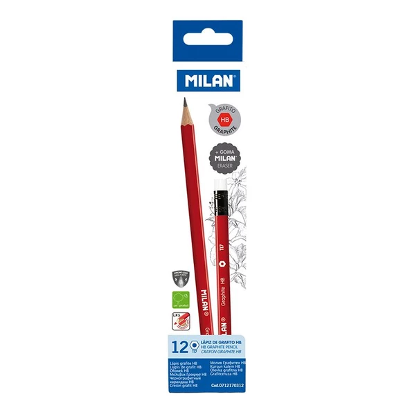 MILAN 712170312 GRAPHITE HB ALTIGEN SİLGİLİ KURŞUN KALEM - 12ADET