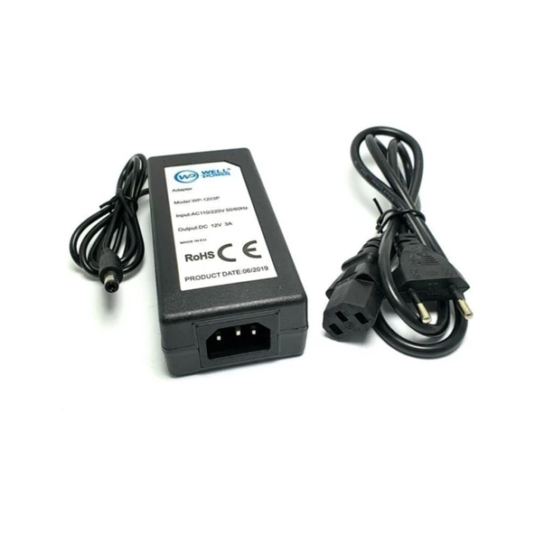 Well Power Adaptör 12 Volt 3 Amper Plastik Kasa Adaptör 5.5x2.5mm Jak Fişli Adaptör Well Power WP-1203 P - 2