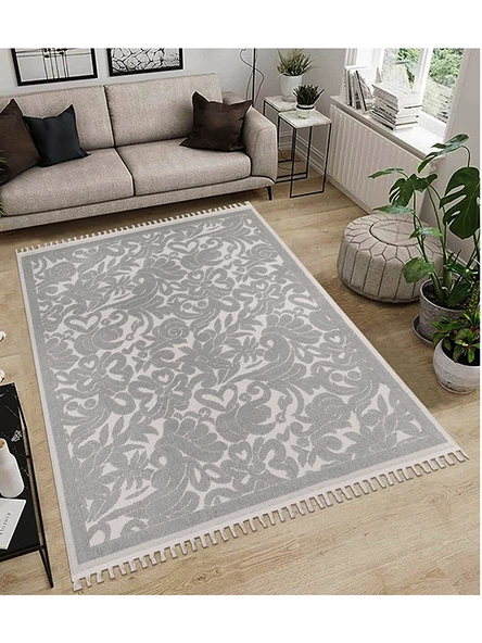 Dekoratif Modern Naturel Kayma Yapmayan Yıkanabilir Pamuk Dokuma Kilim Saçaklı 7016C