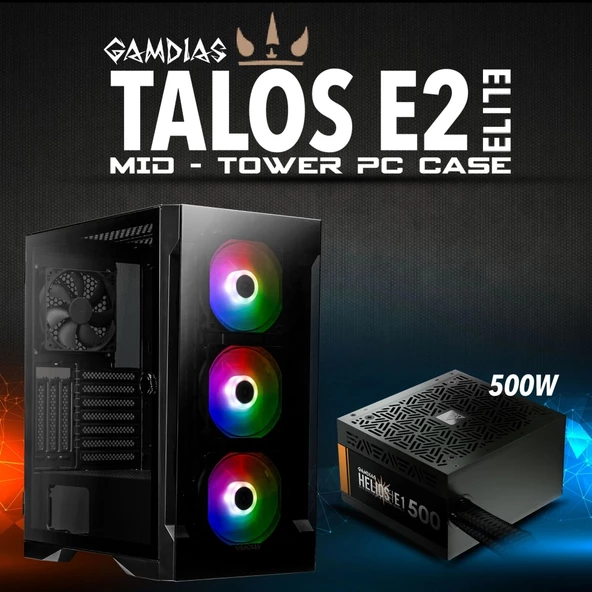 Gamdıas Talos E2 Elite, 500w, Tempered Glass, Argb, Atx Gamıng Kasa