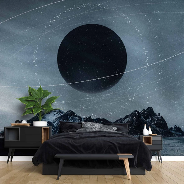 Dağ ve Siyah Ay Manzaralı Duvar Kağıdı Baskı - Resim 2