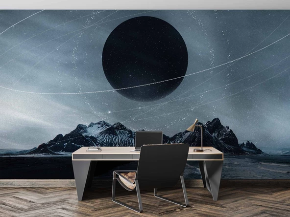 Dağ ve Siyah Ay Manzaralı Duvar Kağıdı Baskı - Resim 3