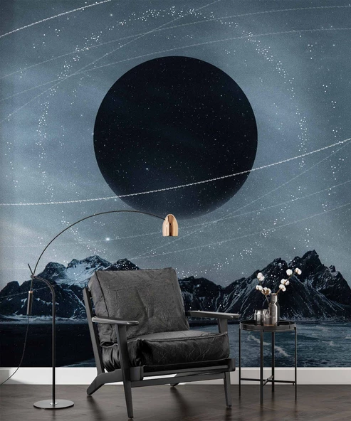 Dağ ve Siyah Ay Manzaralı Duvar Kağıdı Baskı - Resim 5