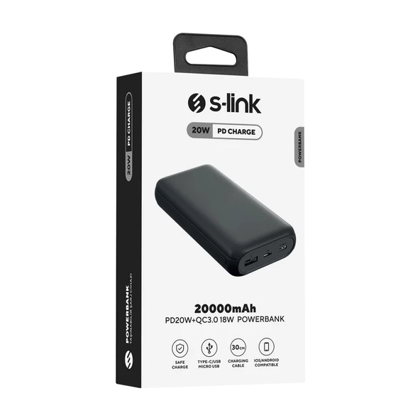 S-lınk P201, Siyah, 20.000mah, 2xusb, 1xtype-c, 4 Led Göstergeli, Powerbank