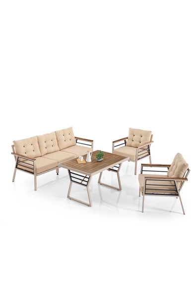 Evdemo Lara Metal Puflu Bahçe Balkon Takımı 3+1+1+Ahşap Masa Cappuccino - 2