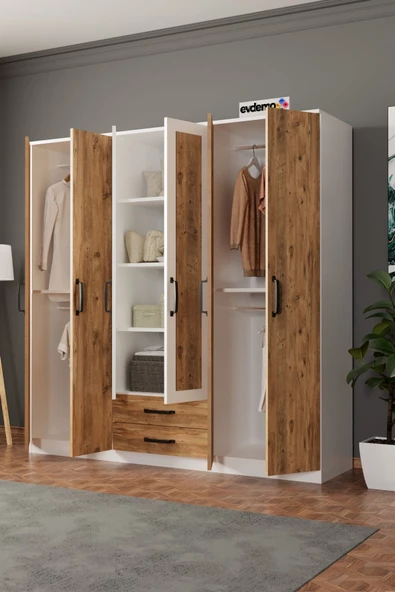 Evdemo Prag 6 Kapak 2 Çekmeceli Aynalı Gardırop Atlantik Çam Beyaz - 4