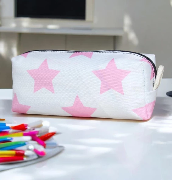 Pembe Yıldız Tatlı Kalemlik - Okul Kalemliği-Makyaj Çantası Pembe Yıldız Beyaz Zemin - 4