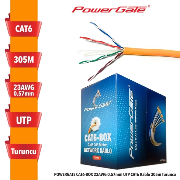 Powergate Cat6-box-or, 23awg, 0,57mm, Utp, Cat6 Kablo, 305m, Turuncu