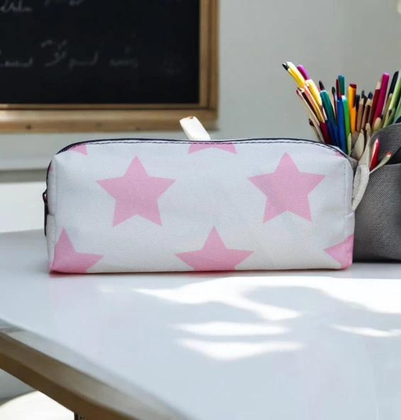 Pembe Yıldız Tatlı Kalemlik - Okul Kalemliği-Makyaj Çantası Pembe Yıldız Beyaz Zemin - 2