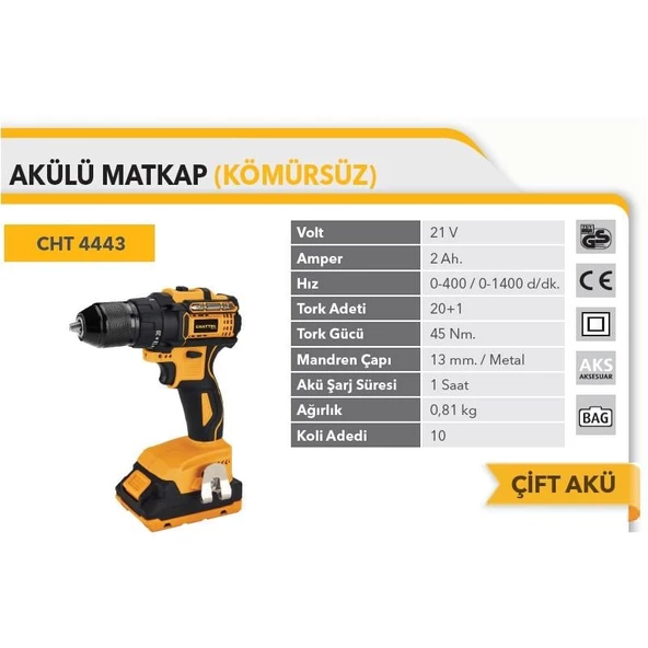Chattel Profesyonel 21V Akülü Matkap 45Nm. Kömürsüz 2Ah. Çift Akü Çantalı CHT 4443 - 2