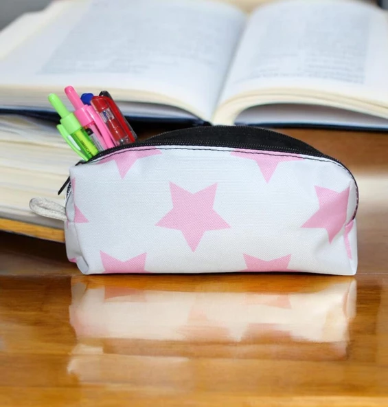 Pembe Yıldız Tatlı Kalemlik - Okul Kalemliği-Makyaj Çantası Pembe Yıldız Beyaz Zemin - 5