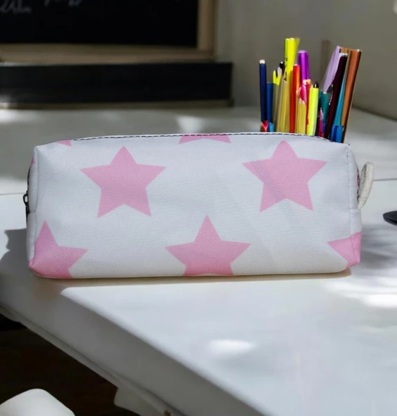 Pembe Yıldız Tatlı Kalemlik - Okul Kalemliği-Makyaj Çantası Pembe Yıldız Beyaz Zemin - 3