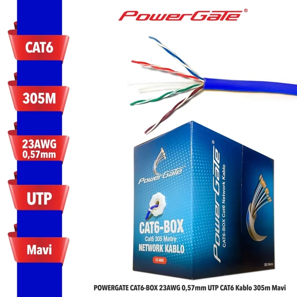 Powergate Cat6-box-bl, 23awg 0,57mm, Utp, Cat6 Kablo, 305m, Mavi