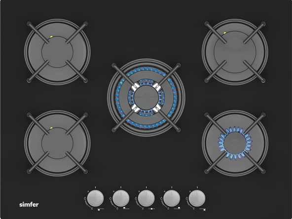 Simfer 3704 4g + 1 Wok 70 cm Siyah Cam Ank. Ocak