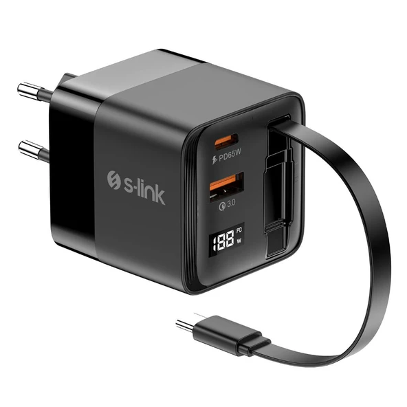 S-link SL-EC650 65W PD Dijital Göstergeli GaN Hızlı Şarj Laptop MacBook iPhone Android Type-C Makaralı QC Şarj Cihazı