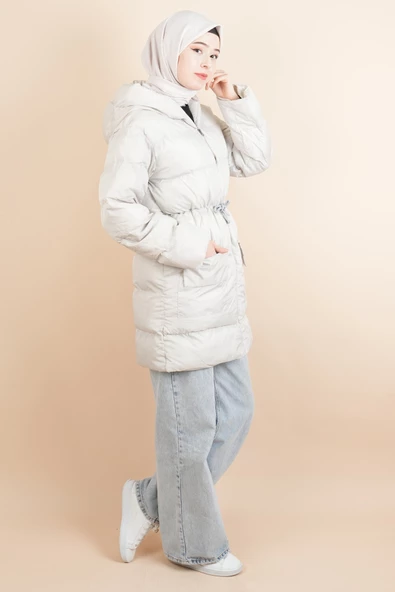 Çift Torba Cep Bel Detaylı Şişme Mont Kırık Beyaz - 2