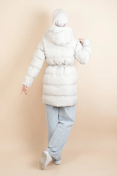 Çift Torba Cep Bel Detaylı Şişme Mont Kırık Beyaz - 3