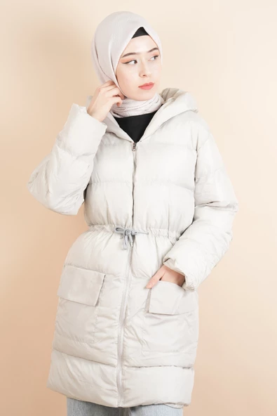 Çift Torba Cep Bel Detaylı Şişme Mont Kırık Beyaz - 4