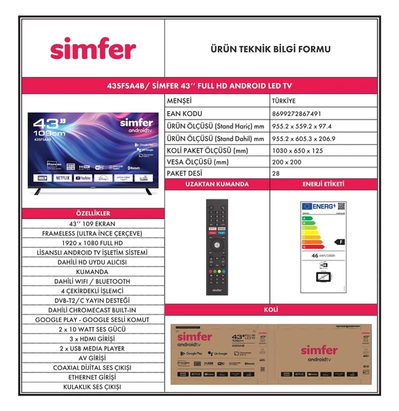 Simfer 43SFSA4B 109 Ekran 43 " Android LED FHD Televizyon - Resim 7