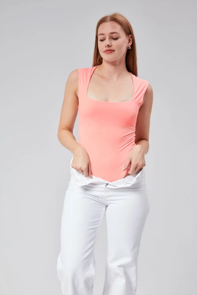 Maison La Femme Yavru Ağzı Astarlı Sıfır Kol Kare Yaka Dekolteli Çıtçıtlı Bodysuit