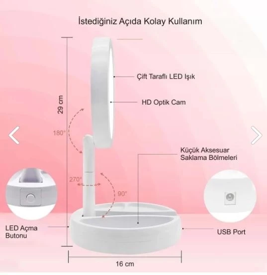 Çift Taraflı Katlanabilir Ledli Makyaj Aynası - 3