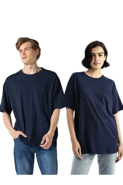 Maison La Femme Unisex Lacivert Bisiklet Yaka Çift Kombini Oversize T-shirt 2'li Set