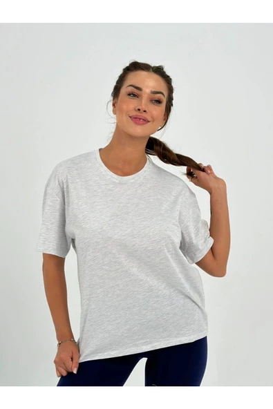 Maison La Femme Kadın Gri Baskısız Basic Pamuklu Oversize T-shirt