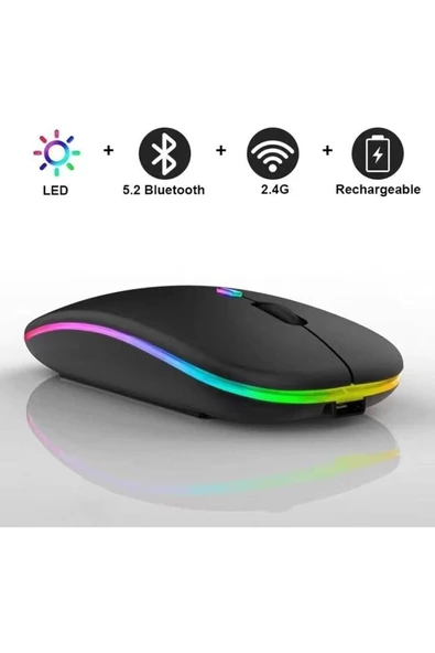 Aksesuar   Şarjlı Kablosuz Mouse Bluetooth ve 2.4ghz- RGB Işıklı - Sessiz Tıklama - 3