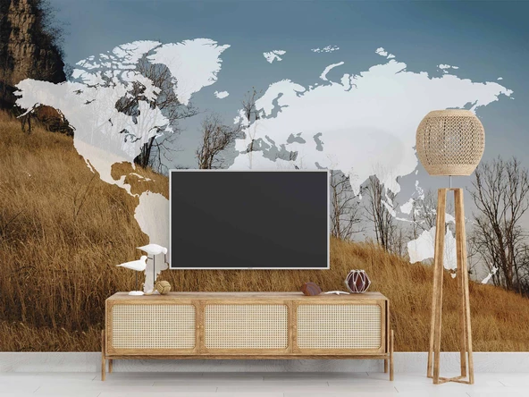 Dünya Haritası ve Buğday Tarlası Duvar Kağıdı Baskı - Resim 3