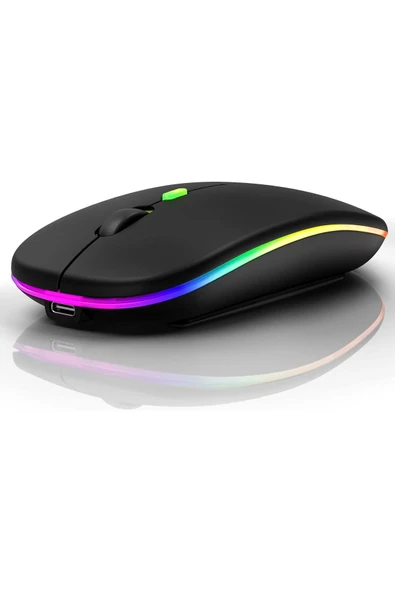 Aksesuar   Şarjlı Kablosuz Mouse Bluetooth ve 2.4ghz- RGB Işıklı - Sessiz Tıklama