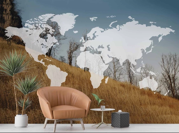 Dünya Haritası ve Buğday Tarlası Duvar Kağıdı Baskı - Resim 6