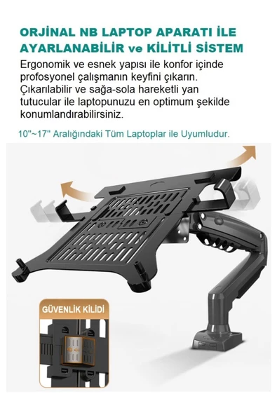 UmoTech   NB F80-FP Amortisörlü 10"-17" Uyumlu Laptop Standı - 17-30" Monitör Tutucu 2 si 1 Arada - 8