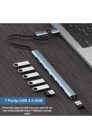 UmoTech   7 Port Usb 3.0 Hub 7in1 Usb 3.0 Hub Çoklayıcı Pc Bilgisayar Uyumlu Veri Aktarımı Mouse Klavye Bağlan - 2