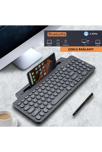 BGZ STORE   Bluetooth Klavye +2.4Ghz Kablosuz Kendinden Standlı Tablet Telefon Tv PC Android IOS Windows Numerik - 5