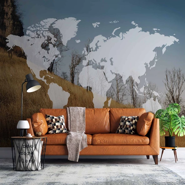 Dünya Haritası ve Buğday Tarlası Duvar Kağıdı Baskı ürün görseli