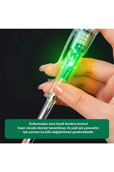BGZ STORE   Kontrol Kalemi Elektrik Elektronik Test Cihazı Kırmızı Yeşil Led Işıklı Faz Voltaj Testi Tornavida - 3